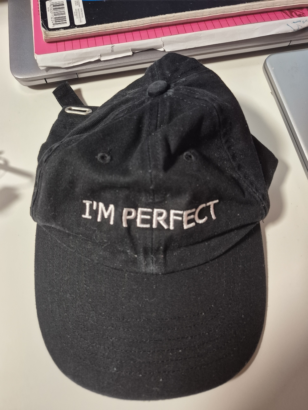 Black 'I'M PERFECT' Embroidered Cotton Baseball Cap